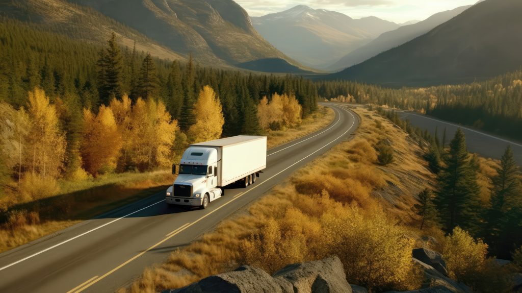 A White Box Truck Driving On A Highway With Mountains In The Background