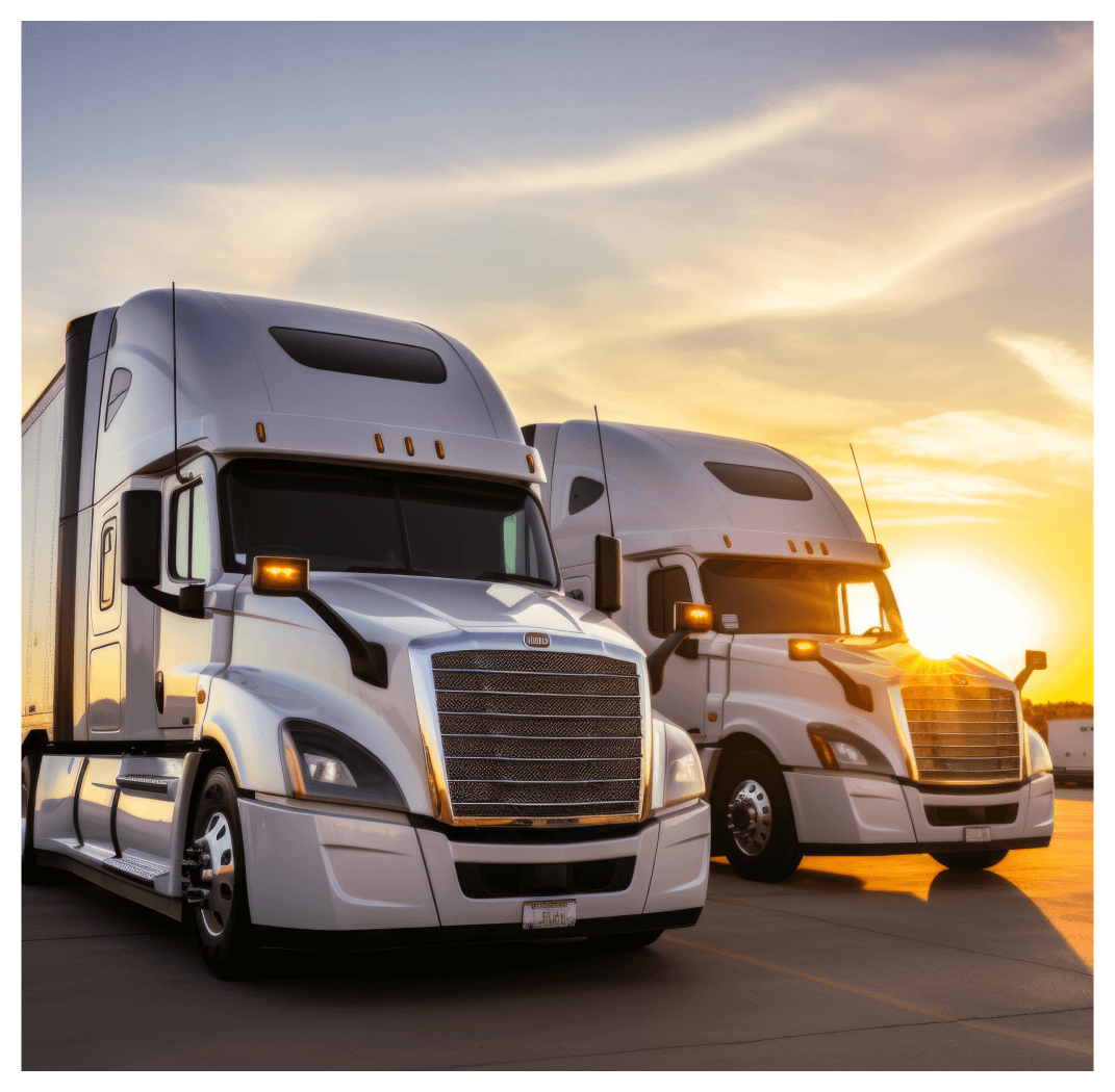 a group of semi trucks parked on a road